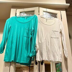 Splendid Turquoise and White Long Sleeve Tops T Shirts Modal & Cotton